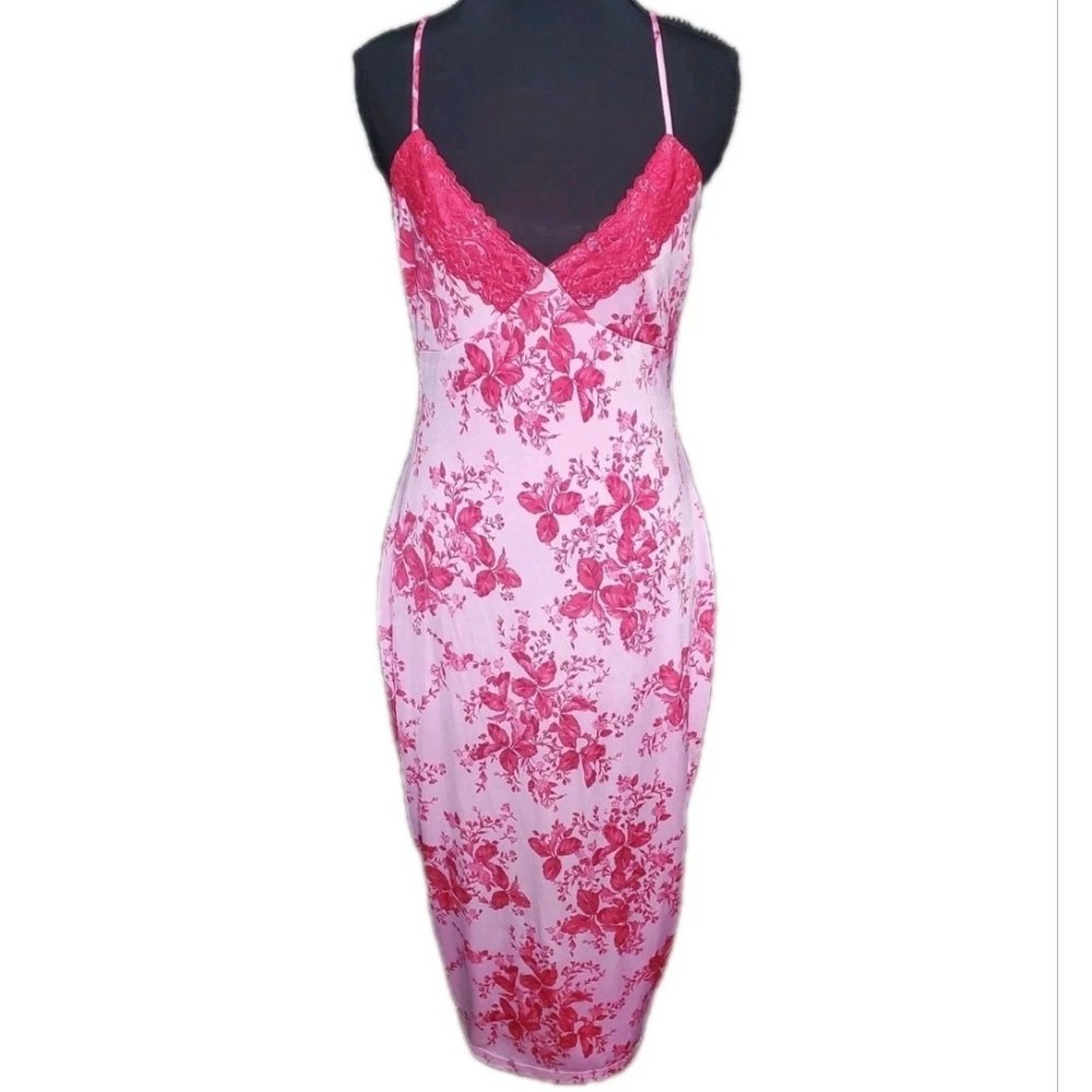 Y2k Slip Maxi Dress Large Lace Windsor Pink Red Floral Fairy Coquette Cross Back